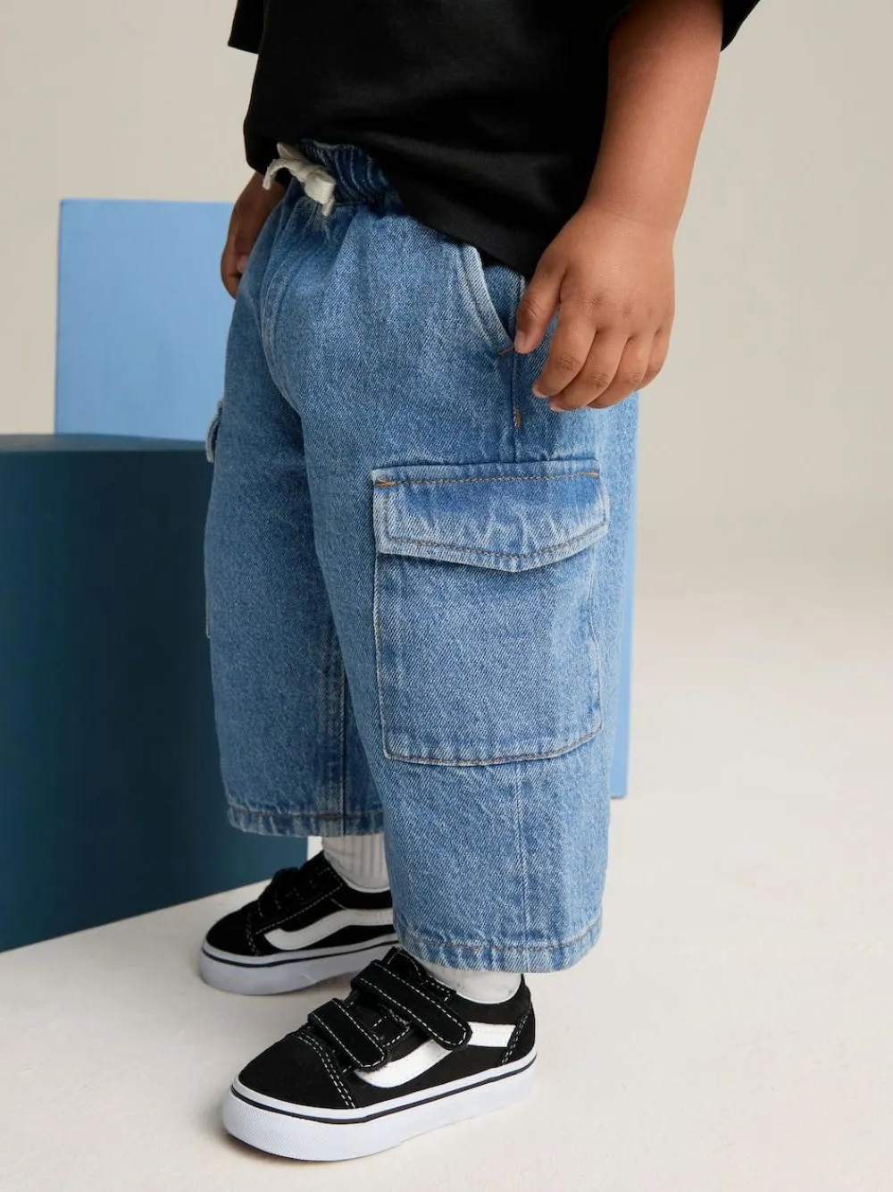 Discount Next Wide Leg Pull On Cargo 100% Cotton Jeans (3mths-7yrs) Mid Blue Denim