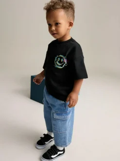 Discount Next Wide Leg Pull On Cargo 100% Cotton Jeans (3mths-7yrs) Mid Blue Denim