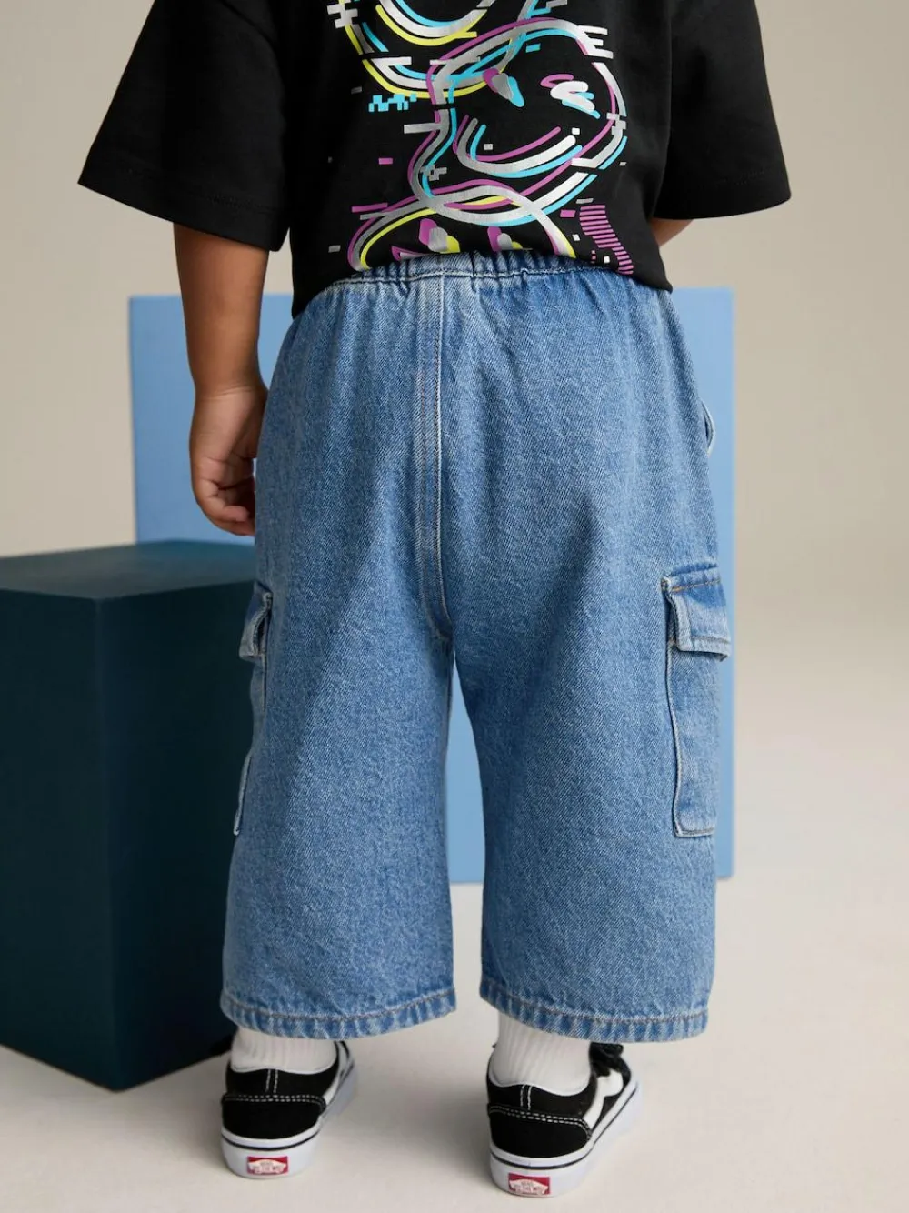 Discount Next Wide Leg Pull On Cargo 100% Cotton Jeans (3mths-7yrs) Mid Blue Denim