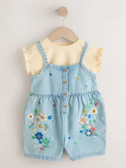 Next Mid Blue Floral Embroidered Denim Playsuit and T-Shirt (3mths-7yrs)^ Sets & Co-Ords|Sets & Co-Ords