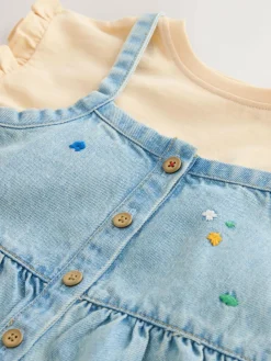 Next Mid Blue Floral Embroidered Denim Playsuit and T-Shirt (3mths-7yrs)^ Sets & Co-Ords|Sets & Co-Ords