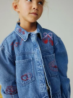 Next Mid Blue Heart Embroidered Denim Shacket (3-16yrs)^ Jackets & Coats|Snowsuits & Coats