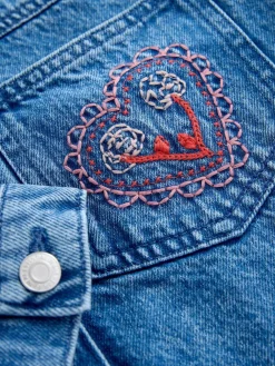 Next Mid Blue Heart Embroidered Denim Shacket (3-16yrs)^ Jackets & Coats|Snowsuits & Coats