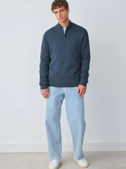 Sale Next Mid Blue Plain N.Premium Regular Fit 100% Cotton Premium Quarter Zip Jumper