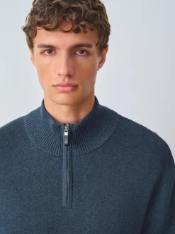 Sale Next Mid Blue Plain N.Premium Regular Fit 100% Cotton Premium Quarter Zip Jumper