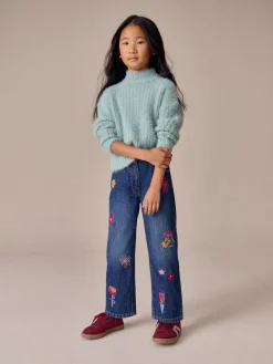 Next Mid Blue Regular Fit Floral Embroidered Straight Leg Jeans (3-16yrs)^ Jeans