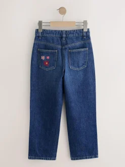 Next Mid Blue Regular Fit Floral Embroidered Straight Leg Jeans (3-16yrs)^ Jeans