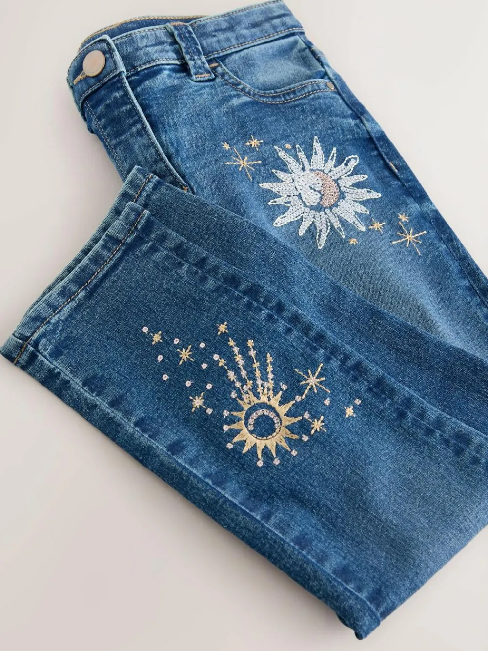 New Next Mid Blue Skinny Fit Floral Embroidered Straight Leg Jeans (3-16yrs)
