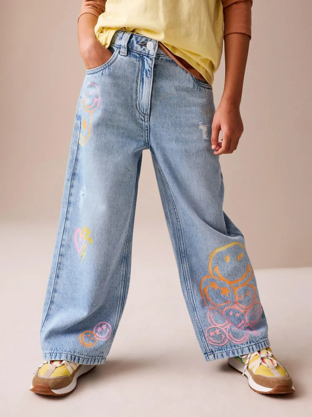 Next Mid Blue SmileyWorld® Print Wide Leg Jeans (3-16yrs)^ Jeans