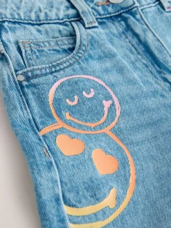 Next Mid Blue SmileyWorld® Print Wide Leg Jeans (3-16yrs)^ Jeans