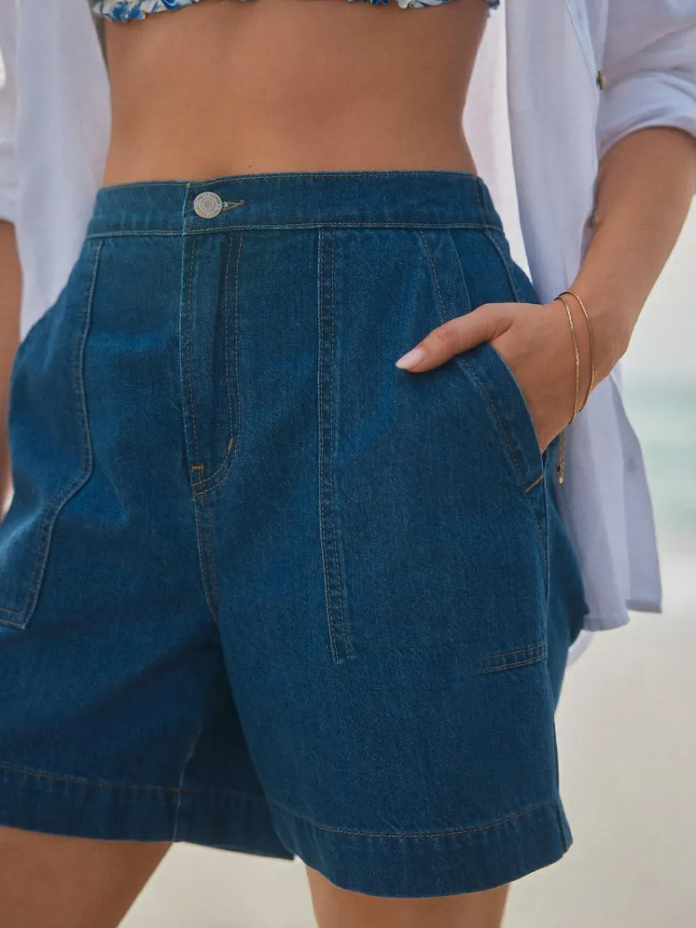 Sale Next Utility Lightweight 100% Cotton Denim Shorts Mid Blue