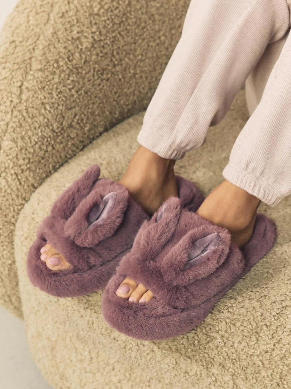 Next Mink Brown Bunny Faux Fur Slider Slippers^Women Slippers|All Night & Lounge