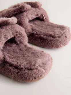 Next Mink Brown Bunny Faux Fur Slider Slippers^Women Slippers|All Night & Lounge