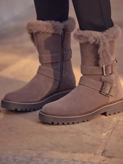 Sale Next Mink Brown Faux Fur Double Buckle Ankle Boots