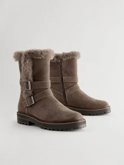 Sale Next Mink Brown Faux Fur Double Buckle Ankle Boots