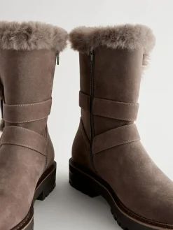 Sale Next Mink Brown Faux Fur Double Buckle Ankle Boots