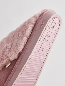 Next Mink Pink Faux Fur Lined Suede Mule Slippers^Women Nightwear|Slippers