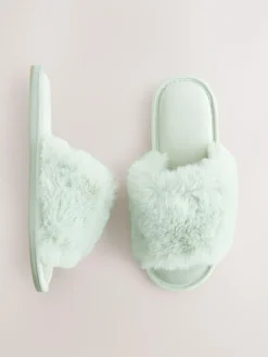 Next Mint Green Faux Fur Lined Slider Slippers