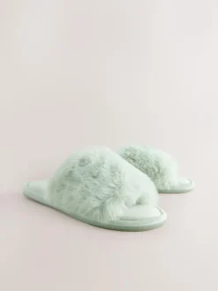 Next Mint Green Faux Fur Lined Slider Slippers