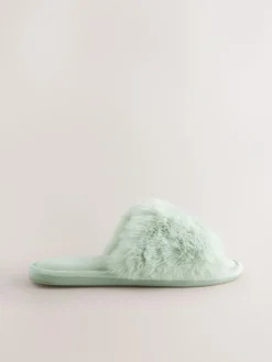Next Mint Green Faux Fur Lined Slider Slippers