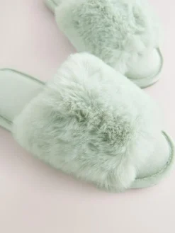 Next Mint Green Faux Fur Lined Slider Slippers