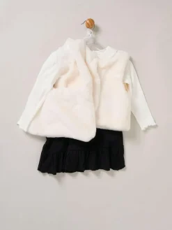 Hot Miss Faux Fur White Gilet Bag Rib Top and Skirt Set