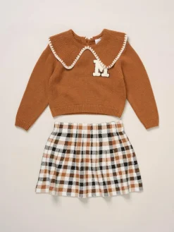 Miss True Knit Brown Jumper with Woven Collar and Check Skirt Set^ Shorts & Skirts