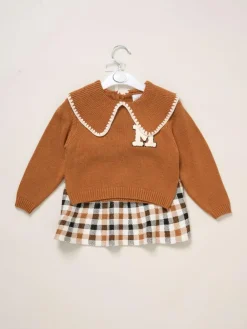Miss True Knit Brown Jumper with Woven Collar and Check Skirt Set^ Shorts & Skirts