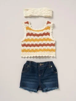 Outlet Miss True Knit Top Shorts and Headband Outfit Set Cream/Blue