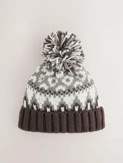 Next Pom Beanie Hat (3mths-16yrs) Mocha Brown Fairisle