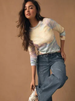 Next Monet Graphic License Long Sleeve Washed Effect Raw Seam T-Shirt