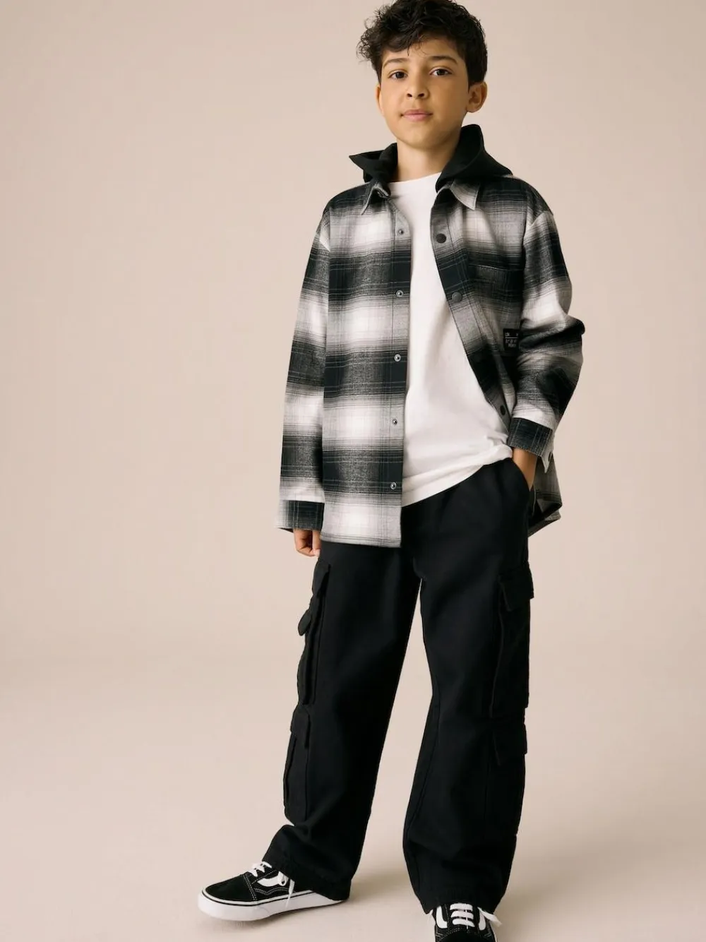 New Next Long Sleeve Check Hooded Shirt (3-16yrs) Mono Core