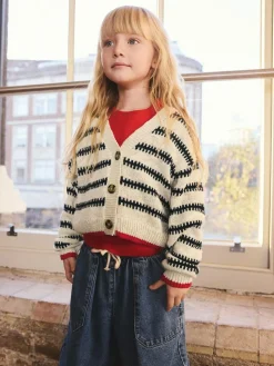 Next Mono Stripe V-Neck Stitch Cardigan (3-16yrs)^ Knitwear & Sweaters|Knitwear