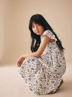 Online Next Angel Sleeve Crinkle Dress (3-16yrs) Monochrome Ditsy