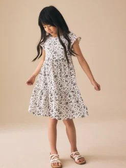Online Next Angel Sleeve Crinkle Dress (3-16yrs) Monochrome Ditsy
