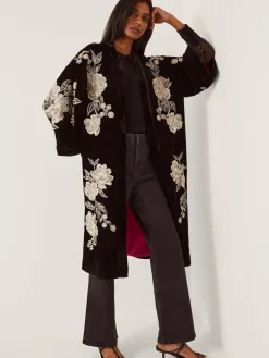 Monsoon Black Fia Floral Embroidered Velvet Kimono^Women Swimwear
