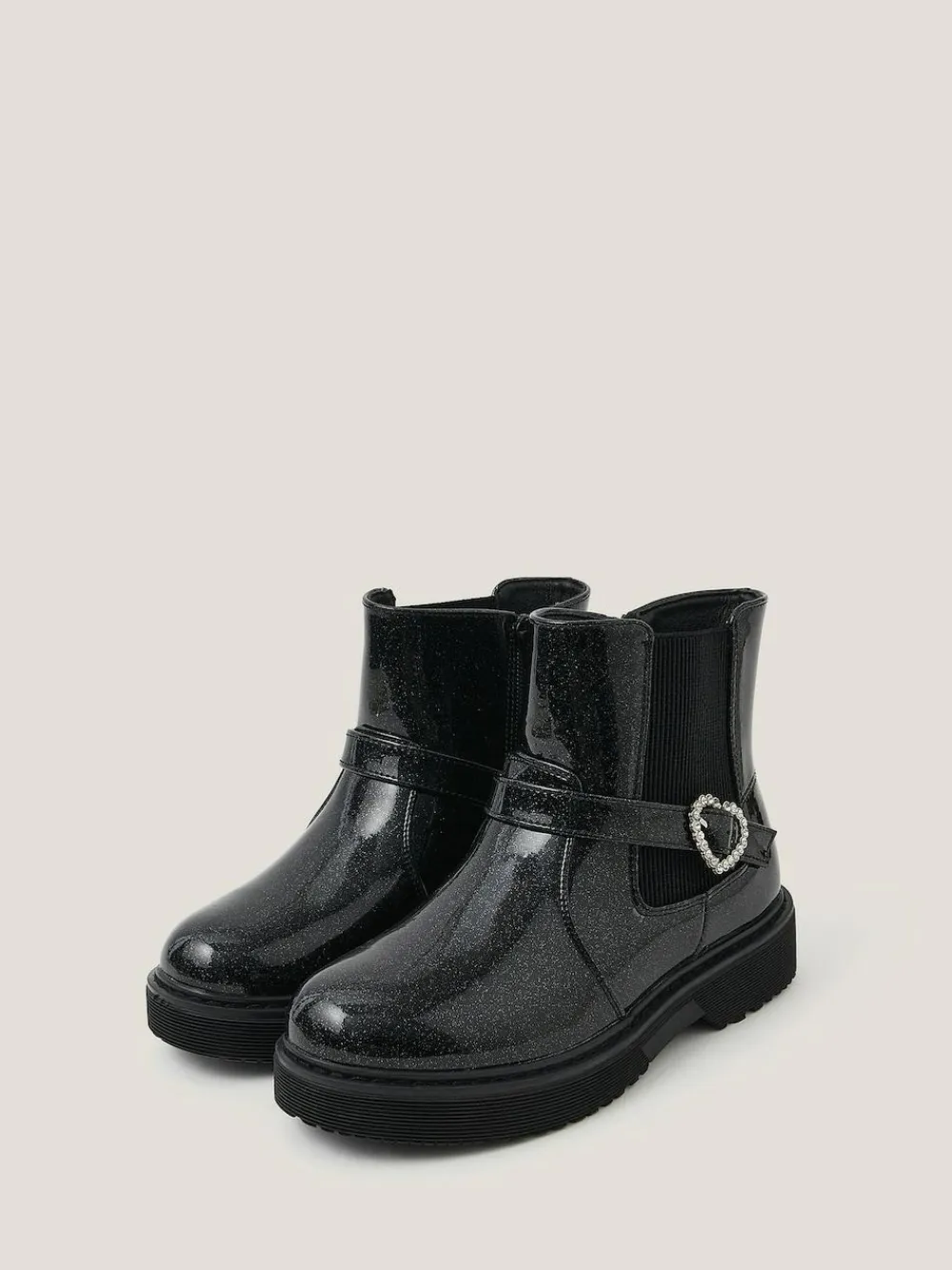 Hot Monsoon Black Heart Buckle Glitter Patent Boots