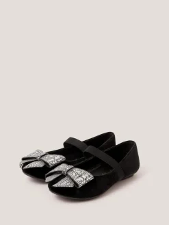 Monsoon Black Jewel Bow Velvet Ballet Flats^ Shoes