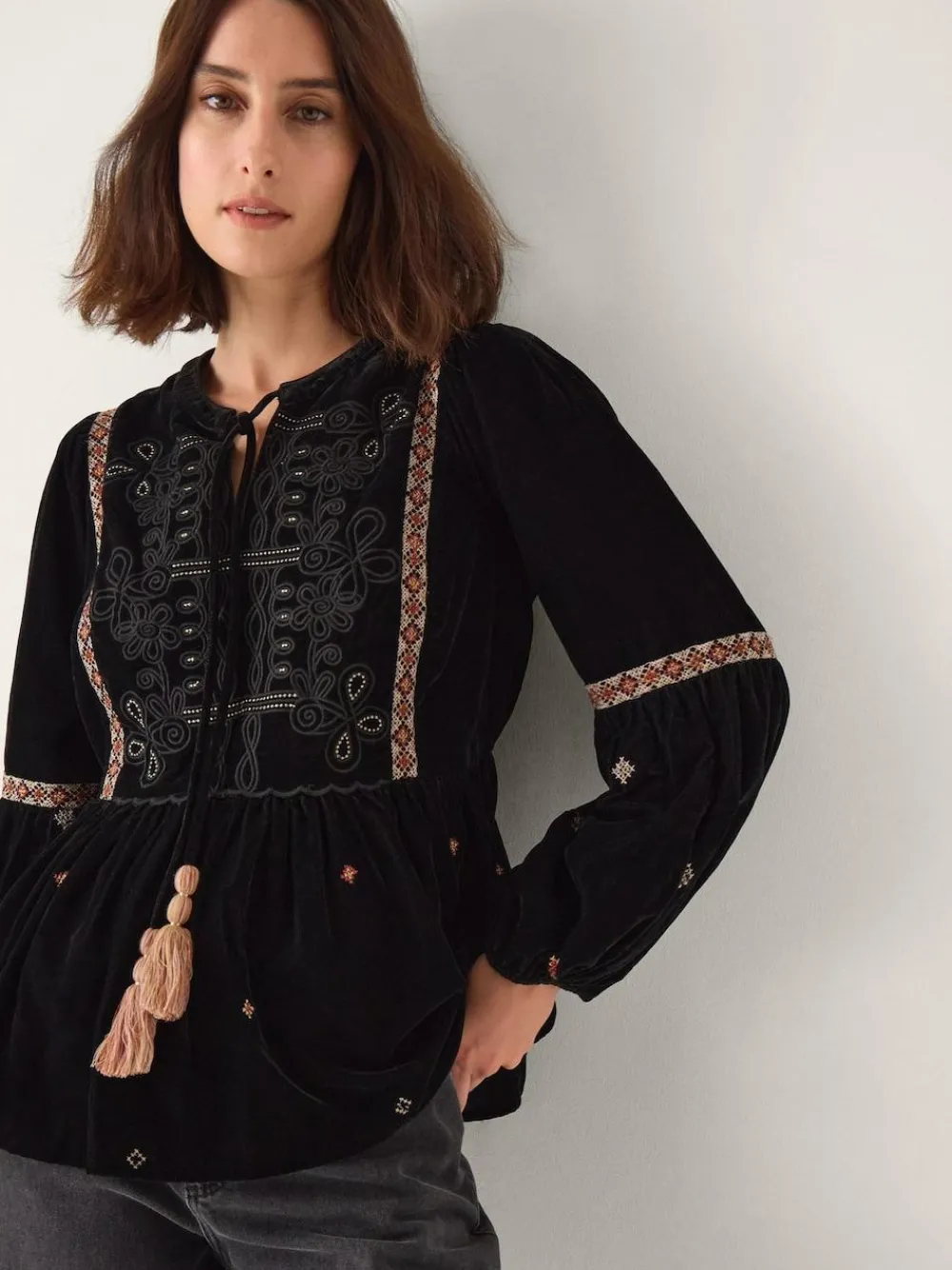 Hot Monsoon Black Noni Embroidered Velvet Long Sleeve Blouse