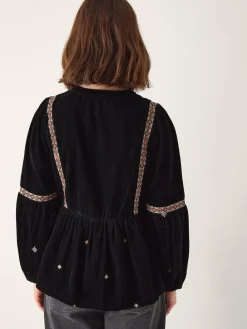 Hot Monsoon Black Noni Embroidered Velvet Long Sleeve Blouse
