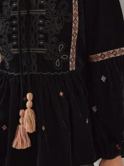 Hot Monsoon Black Noni Embroidered Velvet Long Sleeve Blouse
