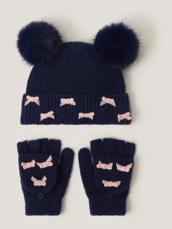 Outlet Monsoon Blue Bow Hat & Gloves Set