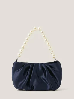 Hot Monsoon Blue Pearl Strap Satin Party Bag