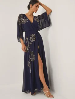 Sale Monsoon Skyla Floral Print Embellished Maxi Wrap Dress Blue