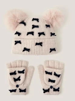 Discount Monsoon Brown Bow Bobble Hat & Gloves Set