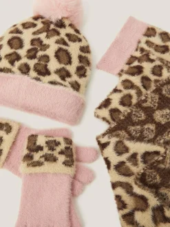 Hot Monsoon Brown Leopard Print Hat Scarf & Gloves Set