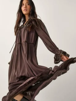 Monsoon Brown Nova Embroidered Yoke Chiffon Maxi Dress