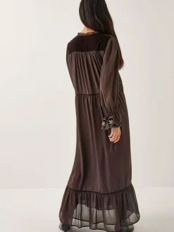 Monsoon Brown Nova Embroidered Yoke Chiffon Maxi Dress