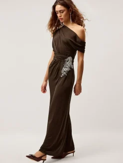Monsoon Brown Trina Asymmetrical Embellished Jersey Maxi Dress^Women Maxi Dresses