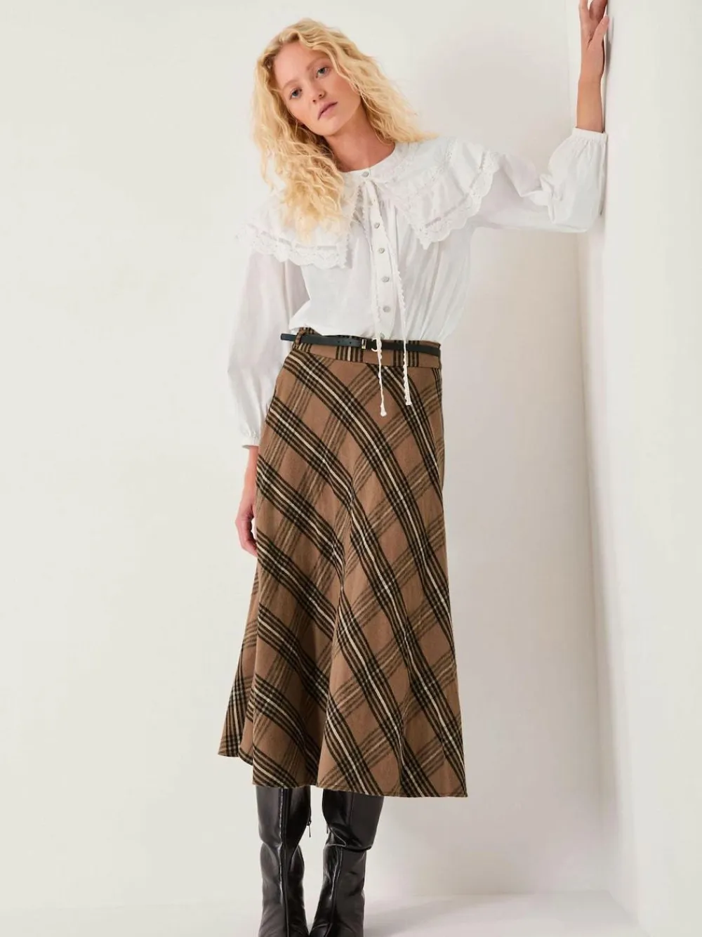 Discount Monsoon Brown Willa Check Midi Skirt